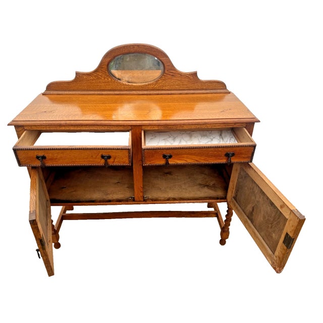 Jacobean Early 20th Century English Jacobean Revival Carved Oak Buffet, Credenza Barley Twist Legs, Mirror For Sale - Image 3 of 15