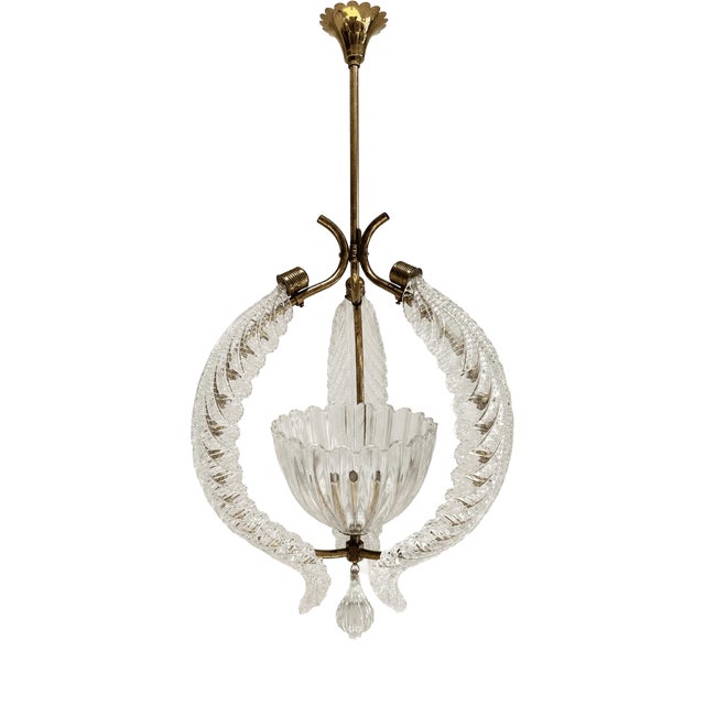 Mid-Century Murano Glass and Brass Pendant Light from Barovier & Toso, 1950s For Sale