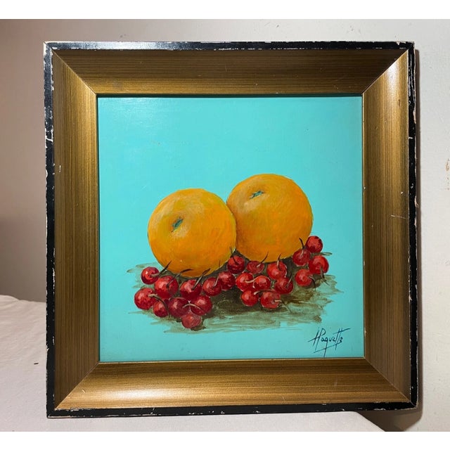 Capture the essence of still life with this vintage H. Paquette oil painting, featuring a vibrant array of fruit. The...