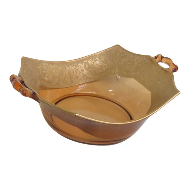 Amber Glass Bowl With Gold Design and Handles 4223b For Sale
