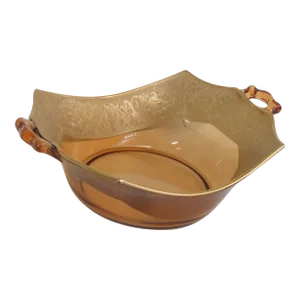 Amber Glass Bowl With Gold Design and Handles 4223b