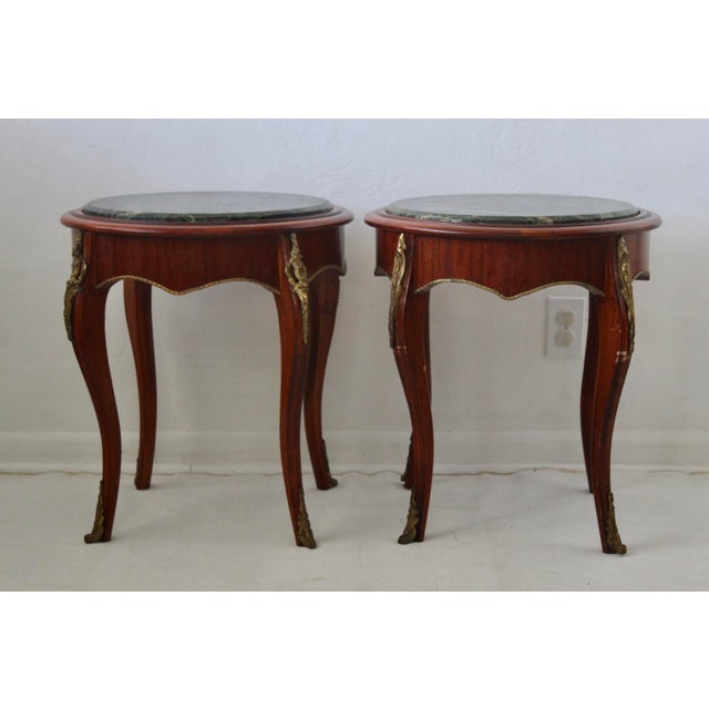 Late 20th Century Late 20th Century French Louis XV Style Occasional Side Tables Feature Green Marble Tops, Non-Identical-a Pair For Sale - Image 5 of 18