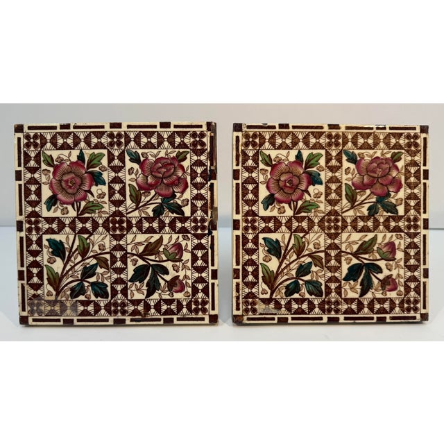 Antique English Glazed Ceramic Tiles With Red Roses, Polychrome Transfer Decoration, Set of 5 For Sale - Image 4 of 7