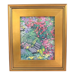 Artist Signed Colorful Garden Landscape Painting Including the Antiqued Gold Wood Frame For Sale