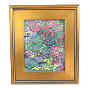 Artist Signed Colorful Garden Landscape Painting Including the Antiqued Gold Wood Frame