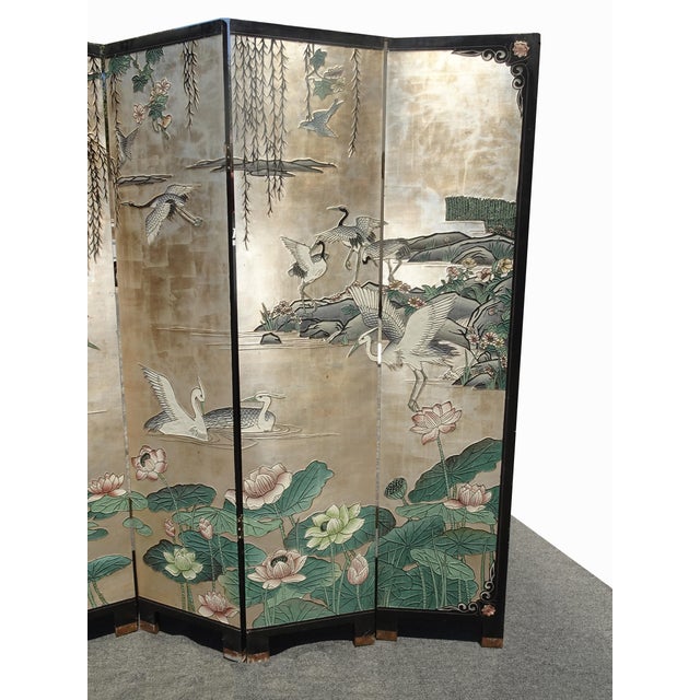 1970s Vintage Silver Chinese Asian Six Panel Screen ~ Room Divider W Heron Birds For Sale - Image 5 of 18