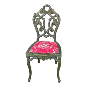 19th-C. Green Painted Black Forest Carved Faux Bois Side Chair in Dog Toile Linen