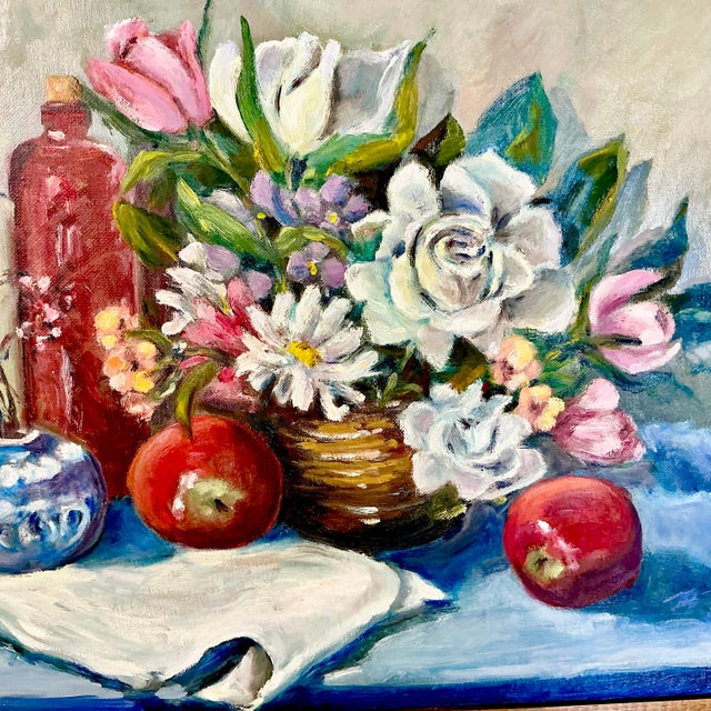 1960s Original Oil Painting Impressionist Red Bottle & Flora Still Life by Edith Weir For Sale - Image 10 of 13