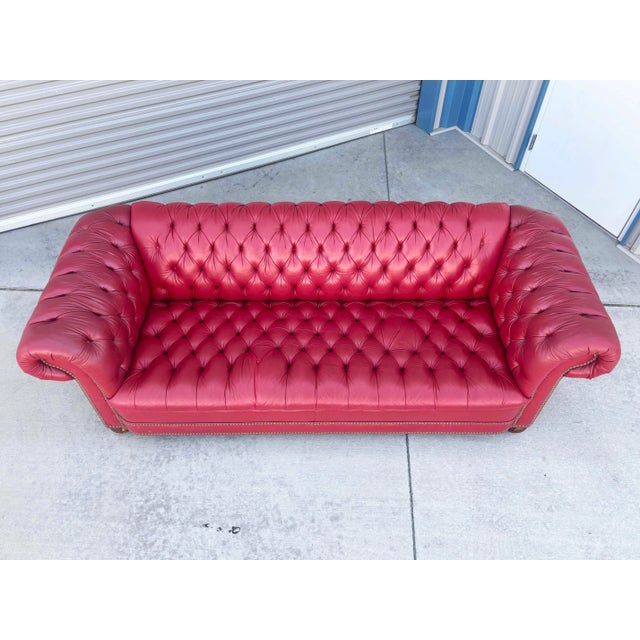 1980s Vintage Classic Chesterfield Tufted Red Leather Sofa For Sale - Image 10 of 11