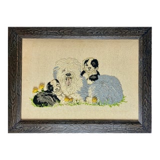1970s Old English Sheepdog Embroidery With Two Puppies For Sale