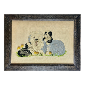 1970s Old English Sheepdog Embroidery With Two Puppies