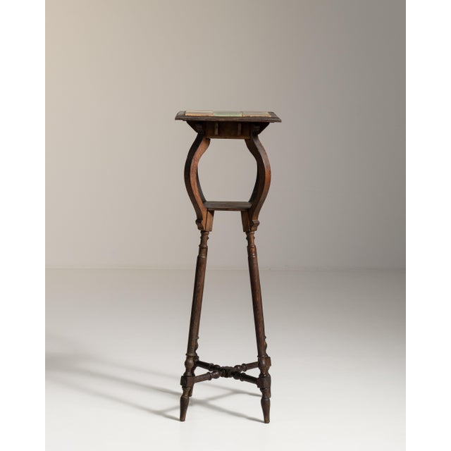 1910s French Chestnut Brown Art Nouveau Pedestal Table with Ceramic Tile Top For Sale - Image 4 of 15