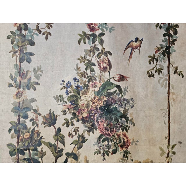 Decorative Window Panel in Fabric with Gouache Print of Garden Motif with Birds and Flowers, 1890s For Sale - Image 4 of 11