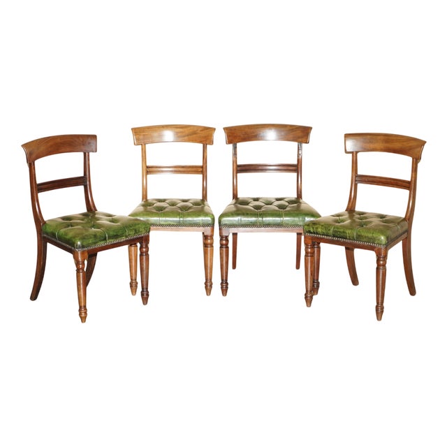Four Fine Antique Victorian Green Leather Hardwood Chesterfield Dining Chairs 4, 1880, Set of 4 For Sale