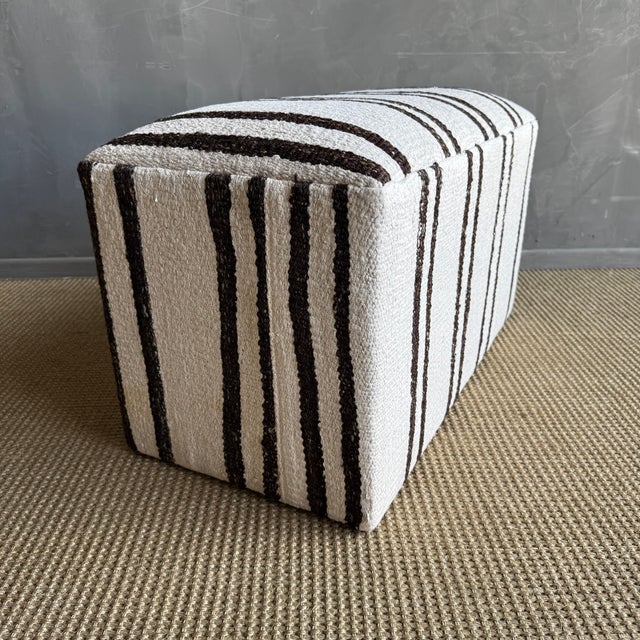 Off-white Rectangular Off-White & Dark Brown Striped Ottoman Made From a Vintage Turkish Rug For Sale - Image 8 of 9