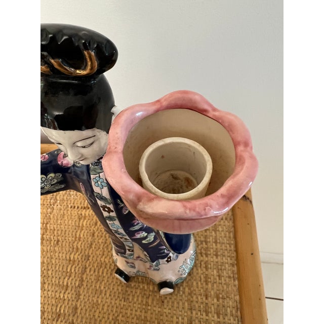 Chinese Export Famille Rose Figural Candlestick Lotus Candle Holder For Sale - Image 11 of 11