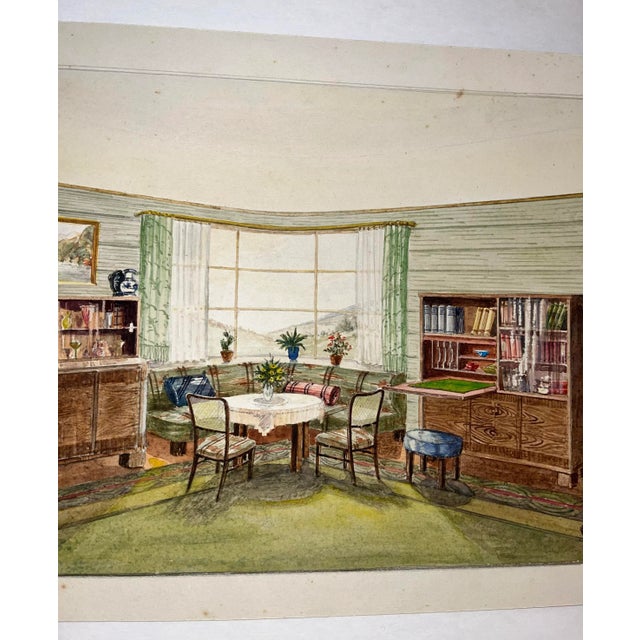 An original watercolor of an Art Deco period interior of a dining area and other furniture pieces. Interesting rugs....