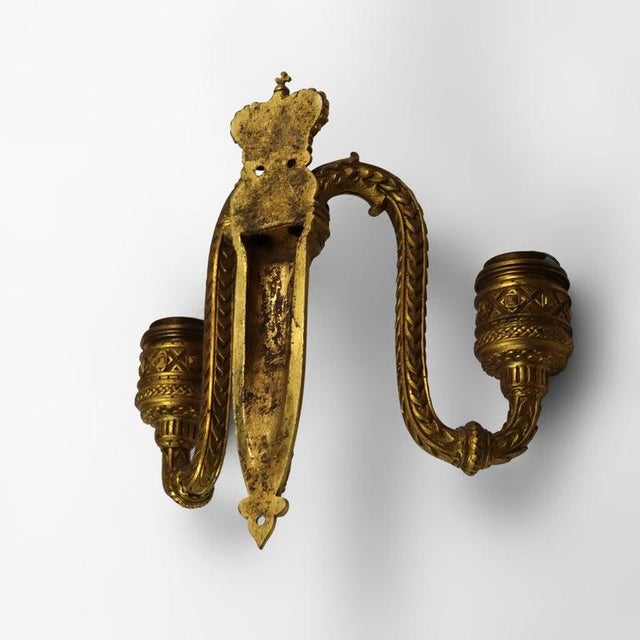 Pair of Antique French Gilt Bronze Dual-Candle Sconces With Royal Crown C1890 For Sale - Image 6 of 9