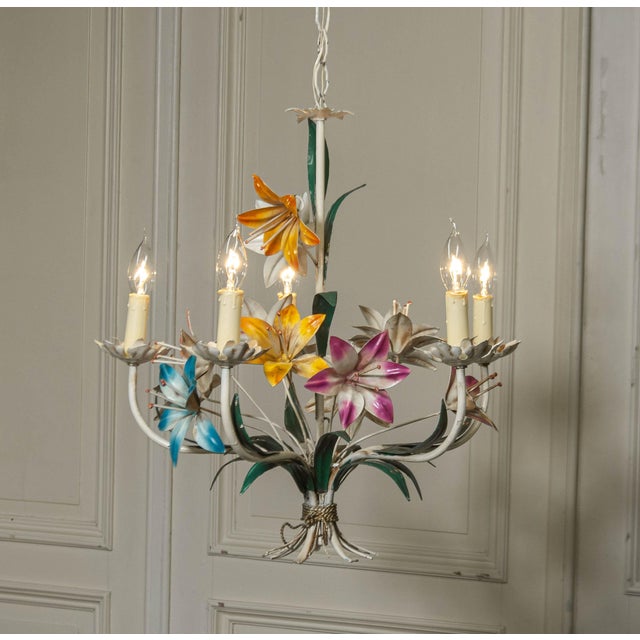 Blue Polychrome Chandelier with Metal Painted Flowers, Italy, 1950s For Sale - Image 8 of 8