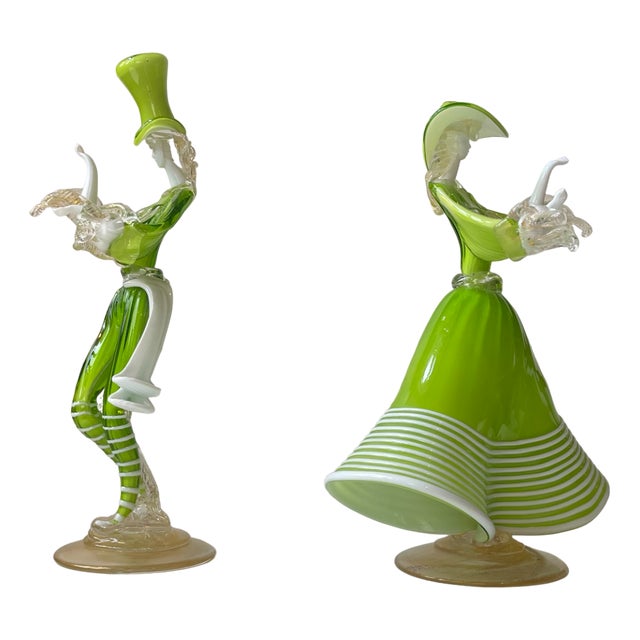 Vintage Kelly Green Venetian Murano Glass Dancers by Franco Toffolo, 1960s, Set of 2 For Sale