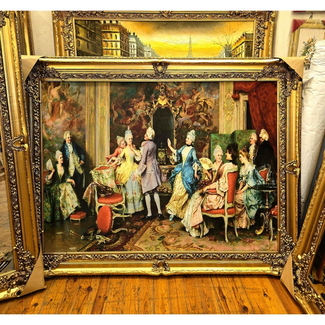 Rococo Rococo-Style Salon Scene Painting – Elegant Social Gathering With Ornate Gold Leaf Frame For Sale - Image 3 of 3