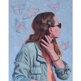Aflutter by Rachel Linnemeier | Oil on aluminum Woman with butterflies in the background. For Sale