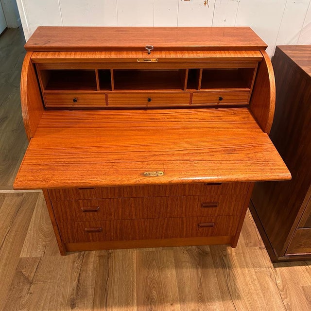 Mid Century Danish Teak Roll Top Secretary Desk With Original Key For Sale - Image 4 of 5