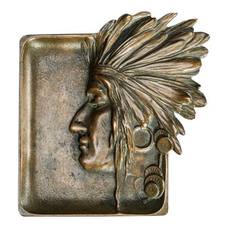 Early 20th Century Solid Bronze Art Nouveau Antique Native American Indian Chief Desk Jewelry Tray Catchall Western For Sale