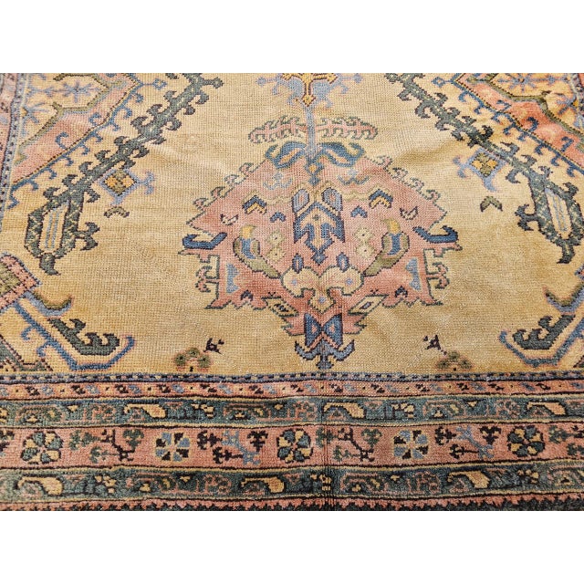 Art Deco Vintage Turkish Oushak Rug, Geometric Pattern, Pale Yellow & Pink, 7' X 12' For Sale - Image 3 of 18