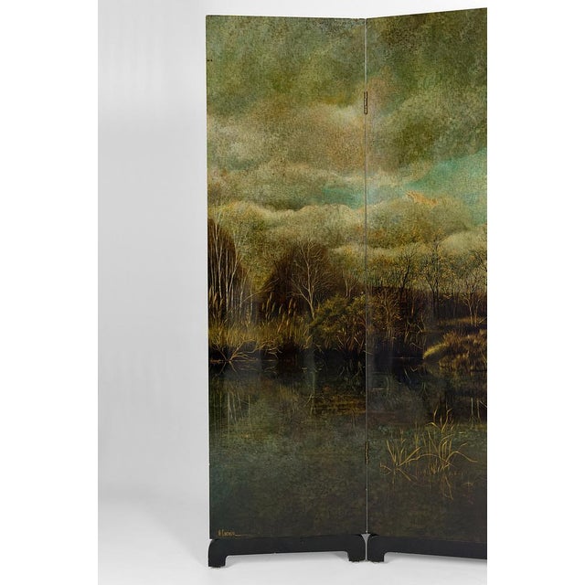 4-Panel Screen with Lacquered Landscape by Bernard Cuenin, 1970s For Sale - Image 3 of 18