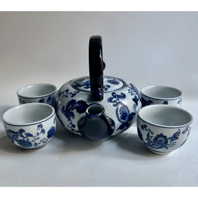 White Vintage Pier 1 Imports White & Blue Chinoiserie Style Tea Set for 4 For Sale - Image 8 of 17