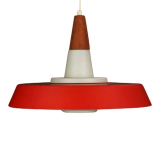 Danish Teak + Red Ufo Pendant Lamp For Sale
