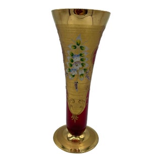 Late 19th Century Moser Style Cranberry Glass Vase With Gilt and Applied Floral Decoration For Sale