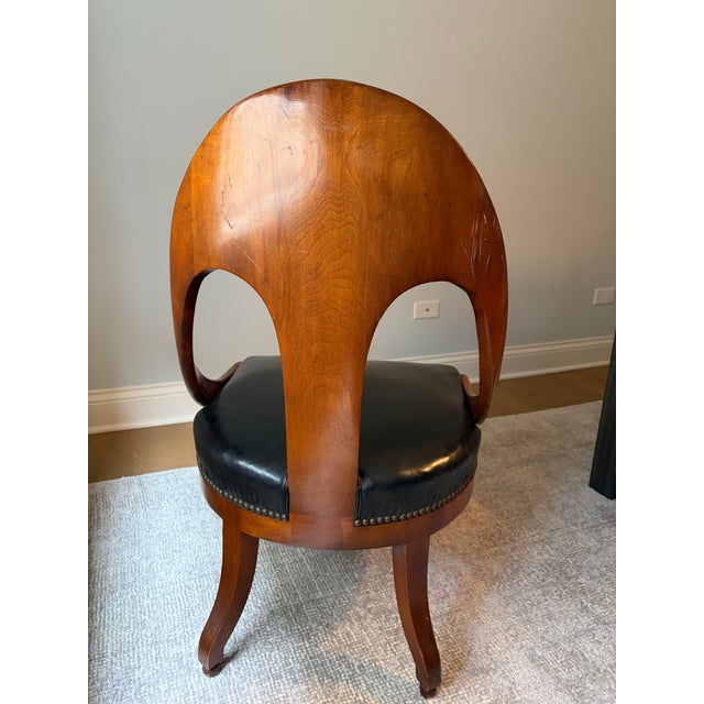 Rare Pair of Mid-Century Michael Taylor for Baker Mahogany Spoonback Slipper Chairs – All Original Black Leather & Brass Tacks For Sale - Image 12 of 14