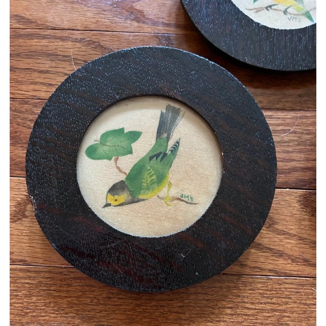 Paint Antique Set of Three Small Theorum Paintings of Birds in Wood Frames For Sale - Image 7 of 11