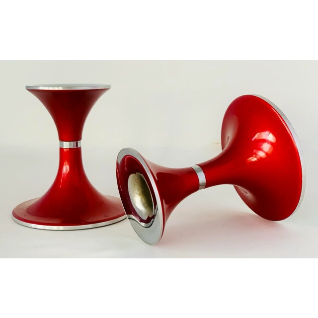 Mid-Century Modern by Norway’s Bjørn Engø for Emalox, Red Enamel on Aluminum Candlesticks- a Pair For Sale - Image 11 of 12