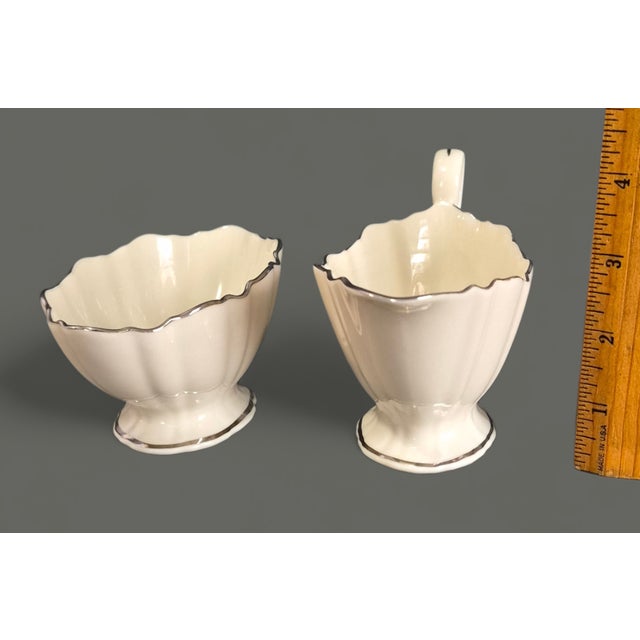 Hollywood Regency Vintage Elegant Oval Lenox Creamer & Sugar Bowl Silvered Rim Scalloped Form For Sale - Image 3 of 7