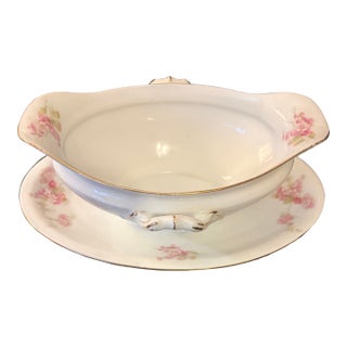 Antique Royal Schwarzburg German Fine China Gravy Boat With Attached Underplate For Sale