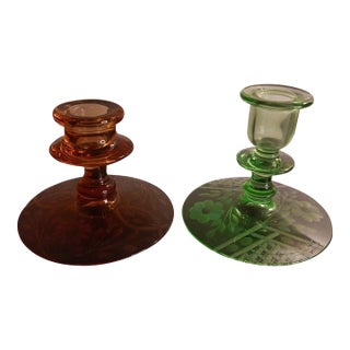 Pair of 1960s Fostoria Etched Candle Stick Holders, Peach and Green For Sale