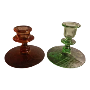 Pair of 1960s Fostoria Etched Candle Stick Holders, Peach and Green
