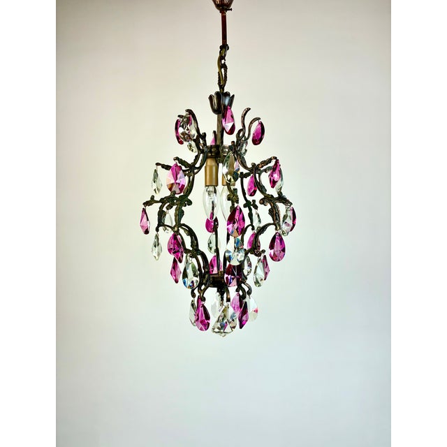 Mid-Century Modern Antique Vintage 1960s Crystal Chandelier – Hand-Restored, Pink Hand-Painted Crystals For Sale - Image 3 of 17