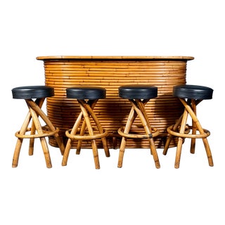 Mid Century Modern Paul Frankl Bamboo Tiki Bar and 4 Twisted Bamboo Stools For Sale
