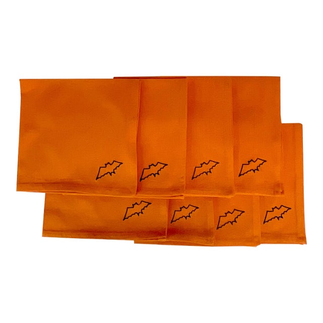 1980s Vintage French Linen Halloween Bat Napkins - Set of 8 For Sale