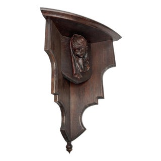 19th Century Gothic Walnut Carved Corner Wall Shelf With Maiden For Sale