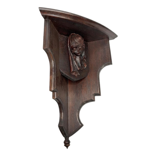 19th Century Gothic Walnut Carved Corner Wall Shelf With Maiden For Sale