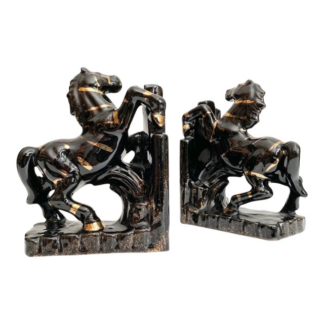 1950s Black Ceramic Horse Bookends - Black & Gold For Sale