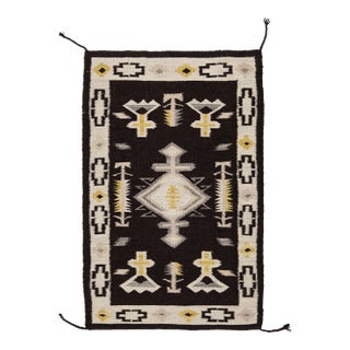 Modern Navajo Style Handmade Wool Area Rug in Black, Cream & Ochre Accent For Sale