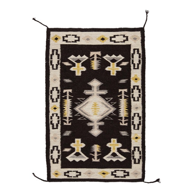 Modern Navajo Style Handmade Wool Area Rug in Black, Cream & Ochre Accent For Sale