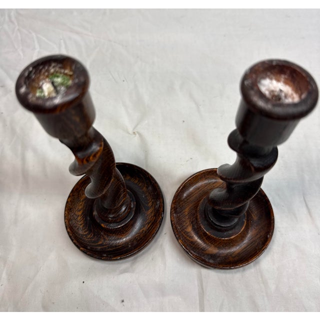 Pair Antique 19th Century Barley Twist English Wood Candlesticks Candle Holders For Sale - Image 9 of 12