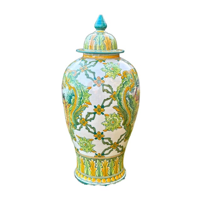 This is a Monumental Portugues Faiancas Green & Gold Temple Jar. This extra large lidded vessel is hand painted with two...